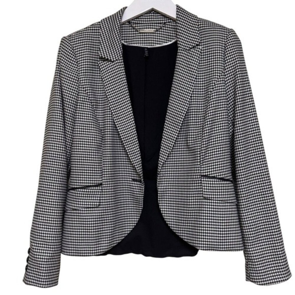 White House Black Market Blazer Jacket Size 8P White Black Houndstooth Petite